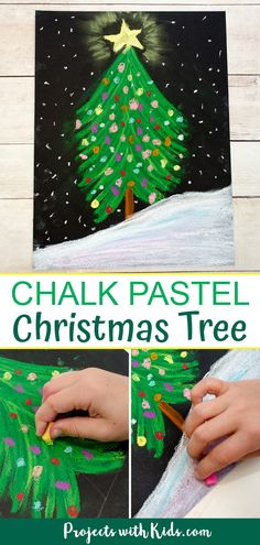 a child's hand is painting a christmas tree with chalk pastel on it