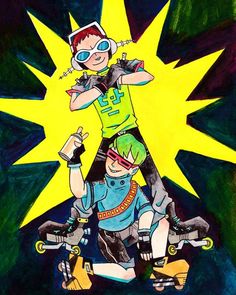 a drawing of two people on skateboards in front of a yellow star and black background