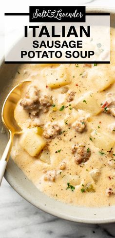 a bowl of italian sausage potato soup with a spoon