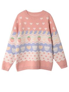 45760818020574 Erich Von Stroheim, Strawberry Sweater, Strawberry Embroidery, Cartoon Strawberry, Kawaii Sweater, Pink Cartoon, Winter Fashion Jackets, Pink Strawberry, Zooey Deschanel