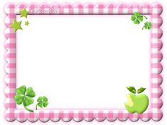 a pink and white checkered frame with an apple, shamrocks and stars on it