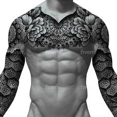 I will create sleeve tattoo design in geometric style Geometric Tattoo Design Chest, Geometric Crown Tattoo, Back Geometric Tattoo, Geometric Blackwork Tattoo, Geometric Chest Tattoo Men, Full Chest Tattoo Men Ideas Unique, Geometric Chest Tattoo, Geometric Tattoo Men, Geometric Throat Tattoo