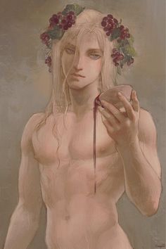 a painting of a naked man with flowers on his head holding a mirror in front of his face