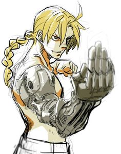 an anime character with blonde hair and braids holding his hand up to the camera