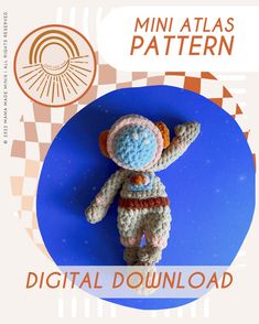 a small crocheted monkey is posed in front of a blue background with the words mini atlas pattern on it