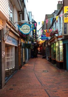 a narrow brick street lined with shops and businesses