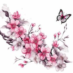 pink flowers and a butterfly on a white background