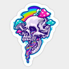 a sticker with a skull wearing a hat and rainbows on it's head