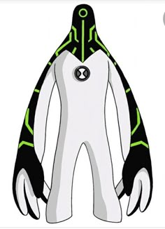 an image of a white and black alien suit with green accents on the chest, standing in front of a white background