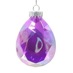 a purple ornament hanging from a silver chain