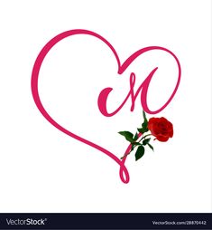 the letter e with a rose in the shape of a heart on a white background