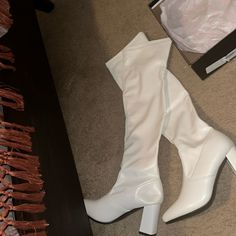 They Are Brand New , Never Been Worn White Heeled Boots With Padded Heel For Fall, White Synthetic Heeled Boots For Spring, Elegant Synthetic Knee-high Boots For Spring, Fitted White High Heeled Boots, Fitted Synthetic Heeled Boots With Block Heel, Fitted Heeled Boots With Padded Heel, Fitted White High Heel Boots, White Heeled Boots For Formal Occasions In Fall, Formal White Heeled Boots For Fall