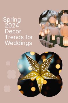 the cover of a brochure for a wedding with lanterns and lights in the background