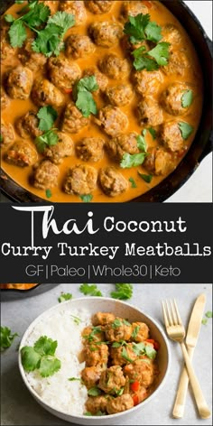 thai coconut curry turkey meatballs with rice and cilantro