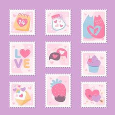 stamps with hearts, cats and cupcakes are on the purple background illustration for valentine's day