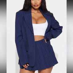 True To Size, Fits Great. Fashion Nova Skirt, Pinstripe Mini Skirt, Pinstripe Blazer, Mini Skirt Set, Zipper Shorts, Navy Fashion, Birthday Photoshoot, 30th Birthday, Matching Sets