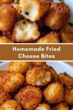 homemade fried cheese bites in a white bowl with parsley on top and the words, homemade fried cheese bites