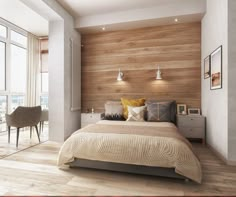 a bedroom with wood paneled walls and flooring is pictured in this image, the bed has two lamps on either side of the headboard