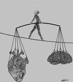 a drawing of two human heart shaped objects suspended on strings with wires attached to them