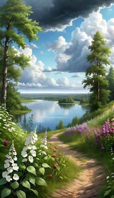 a painting of a path leading to a lake with flowers in the foreground and clouds in the background