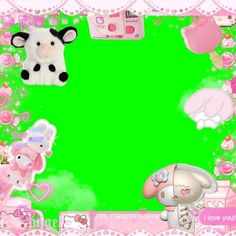 the frame is made up of pink and green material with cute animals on it, including a cow