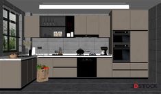 a drawing of a kitchen with black and brown cabinets, white counter tops and gray flooring