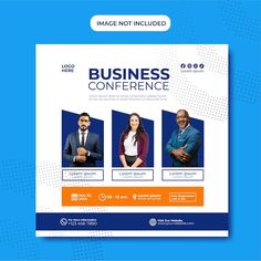 a blue and orange business conference flyer