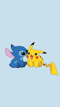 two cartoon pokemons are playing with each other on a blue background and one is holding the