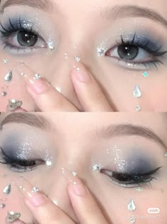 Makeup Looks For Homecoming Blue Dress, 15 Birthday Makeup, Make Up Homecoming, Teal Glitter Makeup, Blue Eye Makeup Douyin, K-12 Inspired Makeup, Makeup For Denim Outfit, Starry Eye Makeup, Sza Concert Makeup