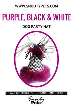 purple, black and white dog party hat with feathers