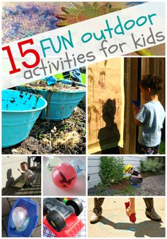 the collage shows different activities for kids to do in their backyard, including playing with toys