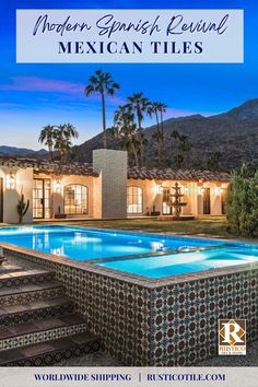 mexican tiles on outdoor stairs at a Modern Spanish Revival style home Mexican Tile Pool Spanish Style, Modern Spanish Pool Design, Mexican Swimming Pool, Spanish Tile Patio Outdoor Areas, Mexican Pool Tile, Mexican Pool, Bathroom Spanish Style