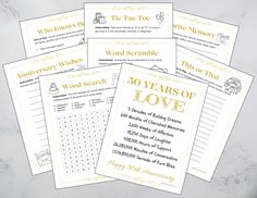 five different types of love word search cards on a marble surface with gold foil lettering