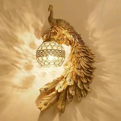 Peacock Wall Lamp Sconce - Classic Resin Fixture With Crystal Encrusted Shade Gold Golden Peacock, Wall Lights Living Room, Crystal Wall Lighting, Wall Lamps Bedroom, Wall Mounted Lamps, Crystal Wall, Traditional Lighting, Gold Walls, Rustic Walls