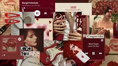 a collage of images with red and white colors, including music notes, guitar strings, roses, hearts, and more