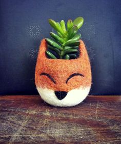 a felt fox planter with succulents in it