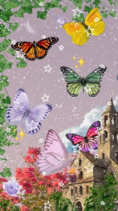 butterflies flying in the air over trees and flowers on a purple sky with white stars