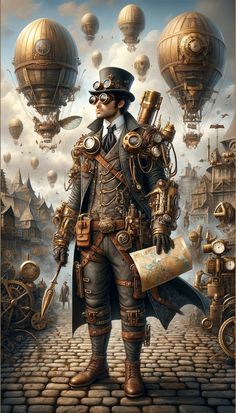 a man in steampunk clothing standing on a cobblestone road with lots of hot air balloons flying above him