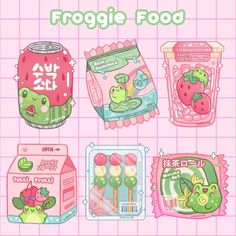 an image of some food items on a pink gridded background with the words froggie food written in japanese