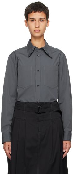 Cotton- and silk-blend poplin shirt. · Pointed collar · Press-stud closure · Patch pockets · Shirttail hem · Press-stud barrel cuffs · Press-stud fastening at back collar · Box pleat at back yoke · Mother-of-pearl hardware Supplier color: Asphalt Box Pleats, Collar Shirt, Poplin Shirt, Press Studs, Collar Shirts, Patch Pocket, Mother Of Pearl, Apparel Accessories, Barrel