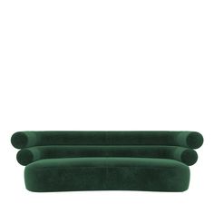 three green velvet sofas with rounded arms and curved backrests, on white background