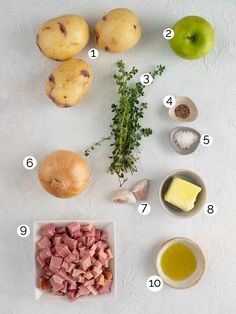 the ingredients to make this dish include ham, potatoes, parsley, garlic, and an apple