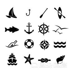 black and white silhouettes of different types of sea animals, fish, anchor, ship wheel