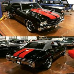 two pictures of classic cars in a garage with red and black stripes on the hood