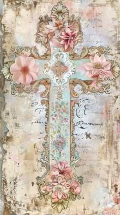 a cross with flowers painted on it in pastel colors and shabby paint overlays