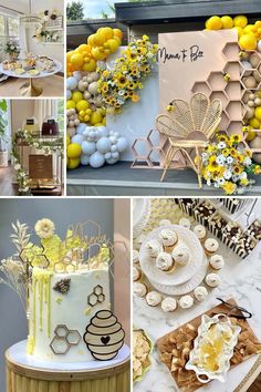 a collage of photos with lemons, cake and other items on display at a party