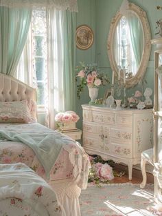 a bedroom decorated in pastel colors with pink and green flowers on the bedspread