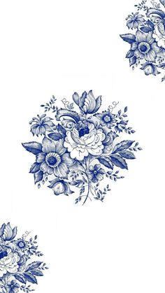 blue and white floral wallpaper with flowers in the middle, on a white background