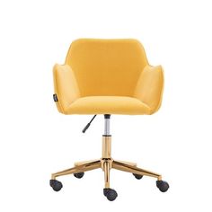 a yellow office chair with wheels and casteors