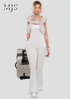 a woman in white is standing next to luggage